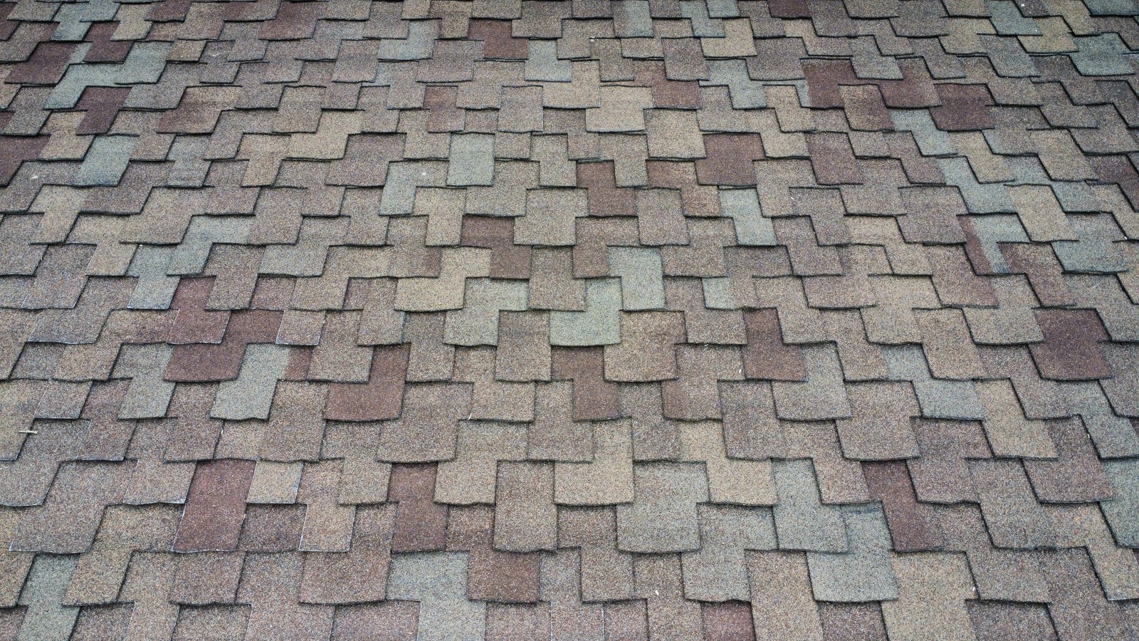 Close view of weathered multi-tone asphalt shingles in brown, tan and gray-green