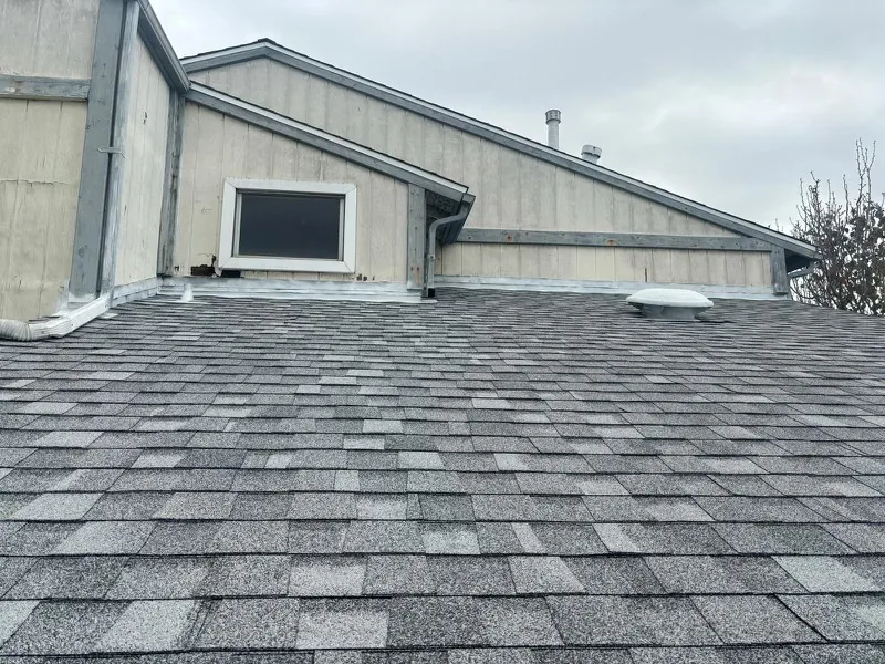 Gray asphalt shingle roof slope beside a light wall with a window, gutter and round vent